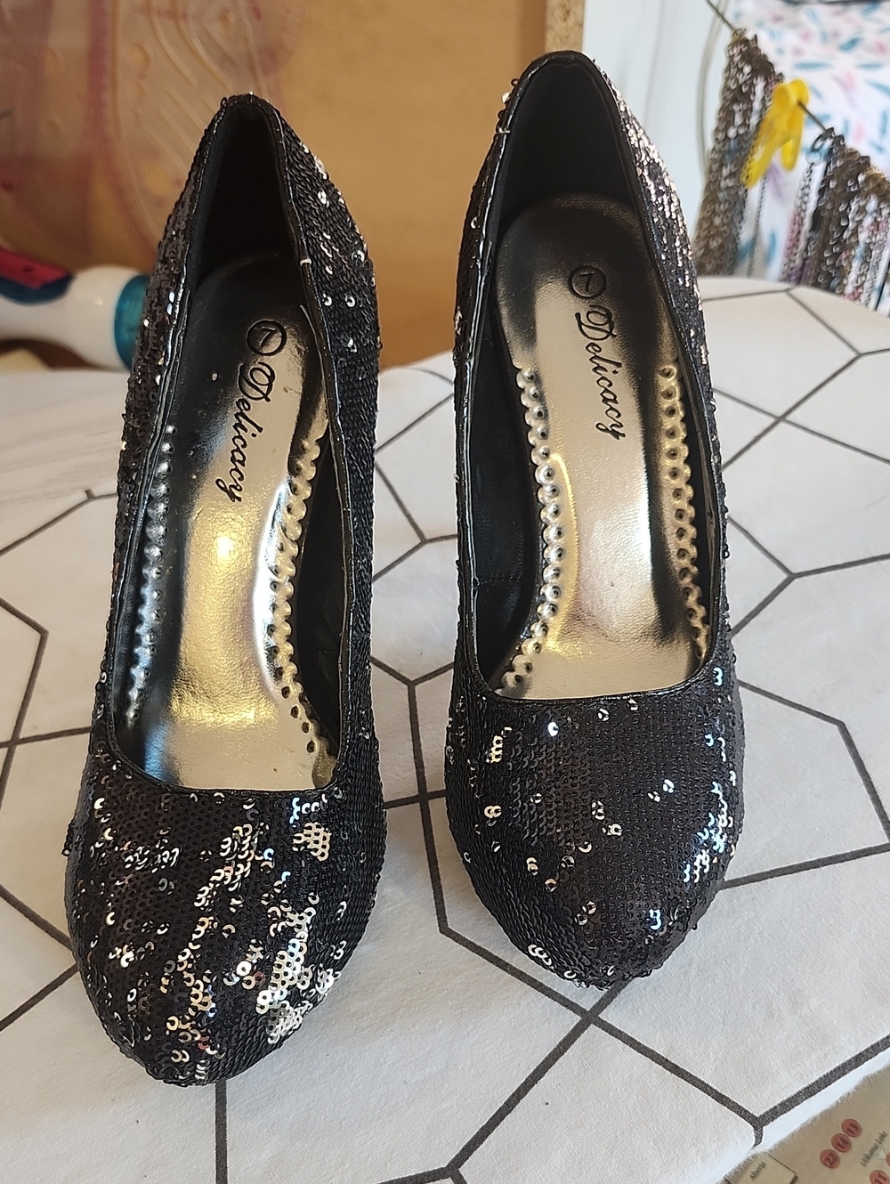 Delicacy Black Sequin Platform Pumps Sparkly Stiletto Heels Size 7